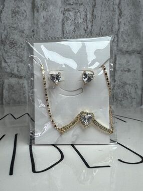 Gold Heart Cubic Zirconia Necklace & Stud Earring Set